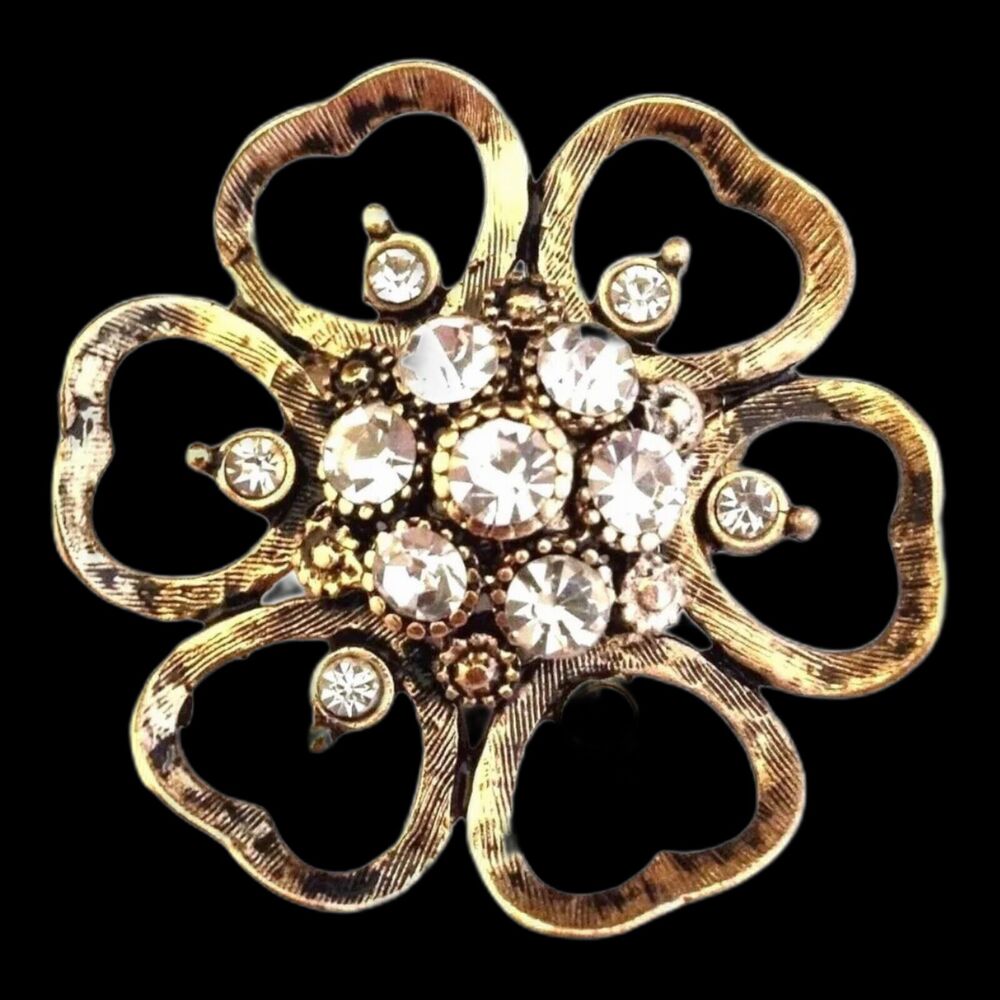 New Floral Pin Antique Gold Tone Clear Crystal Figural Brooch - 2H
